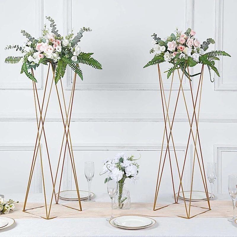 2 Metal 32" Crisscross Geometric Flower Stands Pedestals Centerpieces - Gold 9 2 Metal 32" Crisscross Geometric Flower Stands Pedestals Centerpieces - Gold - Image 7