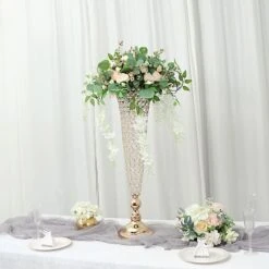 2 Metal 32" Tall Trumpet Vases With Acrylic Crystal Beads Table Centerpieces -Optimal Home Decoration 2 metal 32 tall trumpet vases with acrylic crystal beads table centerpieces 30057463644223