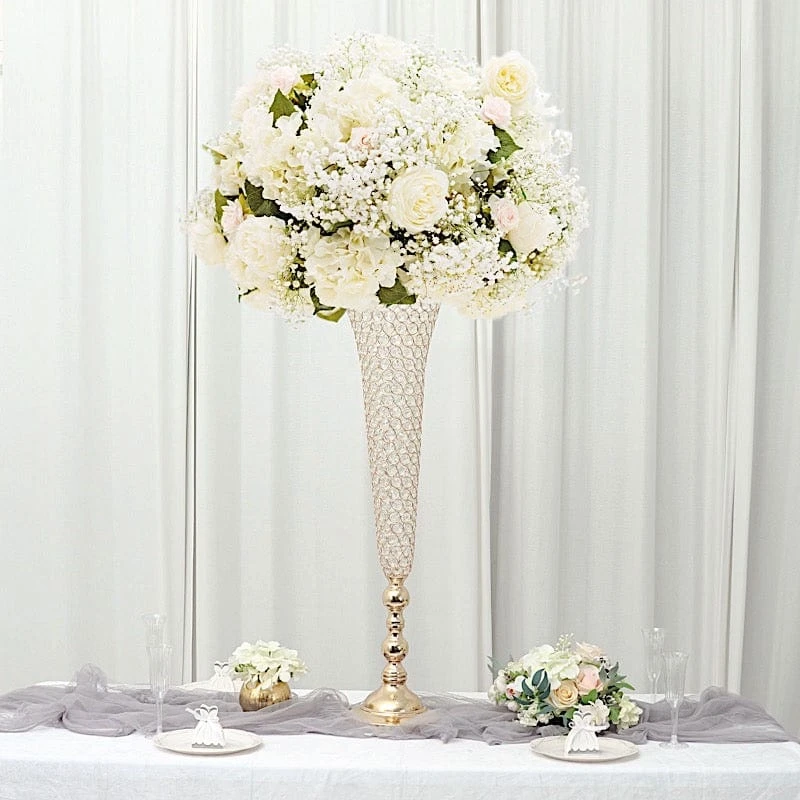 2 Metal 40" Tall Trumpet Vases With Acrylic Crystal Beads Table Centerpieces 6 2 Metal 40" Tall Trumpet Vases With Acrylic Crystal Beads Table Centerpieces - Image 4