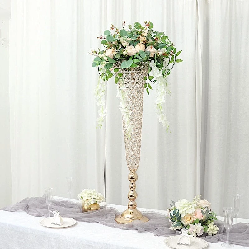 2 Metal 40" Tall Trumpet Vases With Acrylic Crystal Beads Table Centerpieces 9 2 Metal 40" Tall Trumpet Vases With Acrylic Crystal Beads Table Centerpieces - Image 7