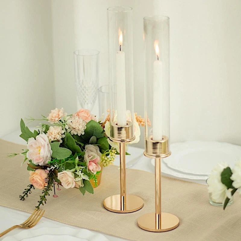 2 Metal Hurricane Taper Candle Holders With Clear Cylinder Glass Shades 8 2 Metal Hurricane Taper Candle Holders With Clear Cylinder Glass Shades - Image 6