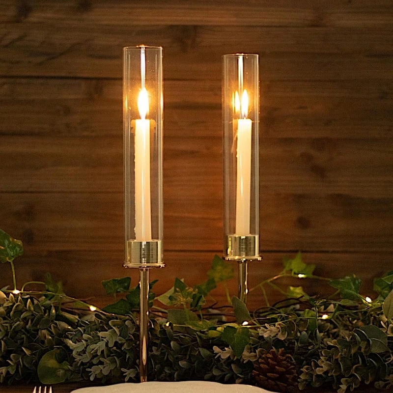 2 Metal Hurricane Taper Candle Holders With Clear Cylinder Glass Shades 5 2 Metal Hurricane Taper Candle Holders With Clear Cylinder Glass Shades - Image 3