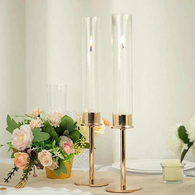 2 Metal Hurricane Taper Candle Holders With Clear Cylinder Glass Shades 7 2 Metal Hurricane Taper Candle Holders With Clear Cylinder Glass Shades - Image 5