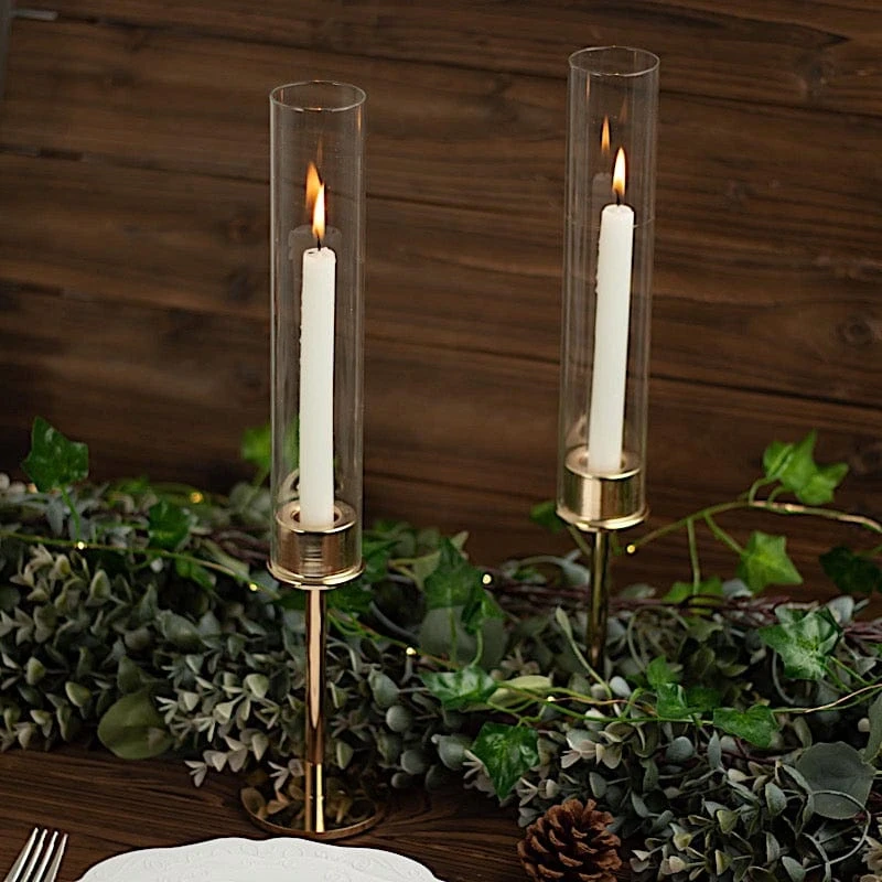 2 Metal Hurricane Taper Candle Holders With Clear Cylinder Glass Shades 6 2 Metal Hurricane Taper Candle Holders With Clear Cylinder Glass Shades - Image 4