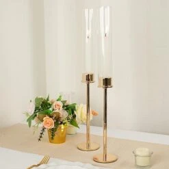 2 Metal Hurricane Taper Candle Holders With Clear Cylinder Glass Shades 34 2 Metal Hurricane Taper Candle Holders With Clear Cylinder Glass Shades -Optimal Home Decoration 2 metal taper candlestick holder with glass centerpieces 30746984677439