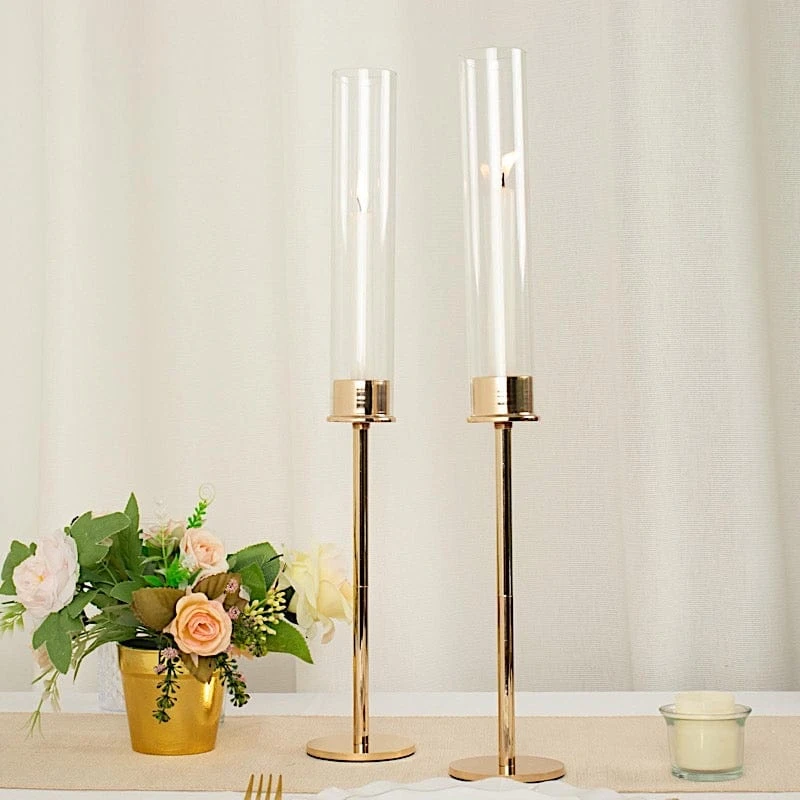 2 Metal Hurricane Taper Candle Holders With Clear Cylinder Glass Shades 16 2 Metal Hurricane Taper Candle Holders With Clear Cylinder Glass Shades - Image 14