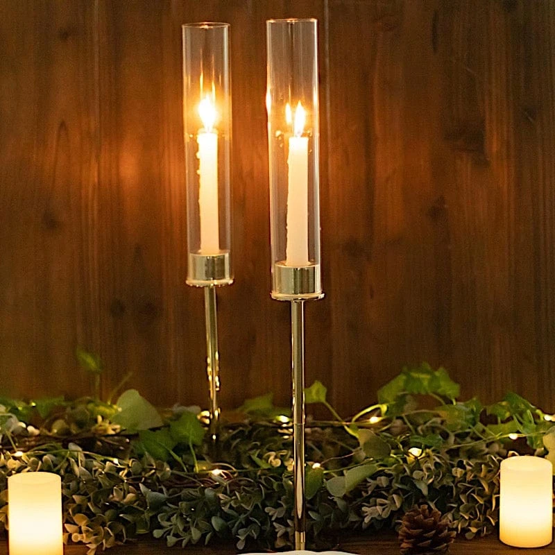 2 Metal Hurricane Taper Candle Holders With Clear Cylinder Glass Shades 18 2 Metal Hurricane Taper Candle Holders With Clear Cylinder Glass Shades - Image 16