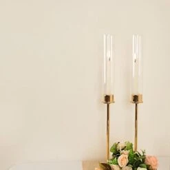 2 Metal Hurricane Taper Candle Holders With Clear Cylinder Glass Shades 38 2 Metal Hurricane Taper Candle Holders With Clear Cylinder Glass Shades -Optimal Home Decoration 2 metal taper candlestick holder with glass centerpieces 30746985037887