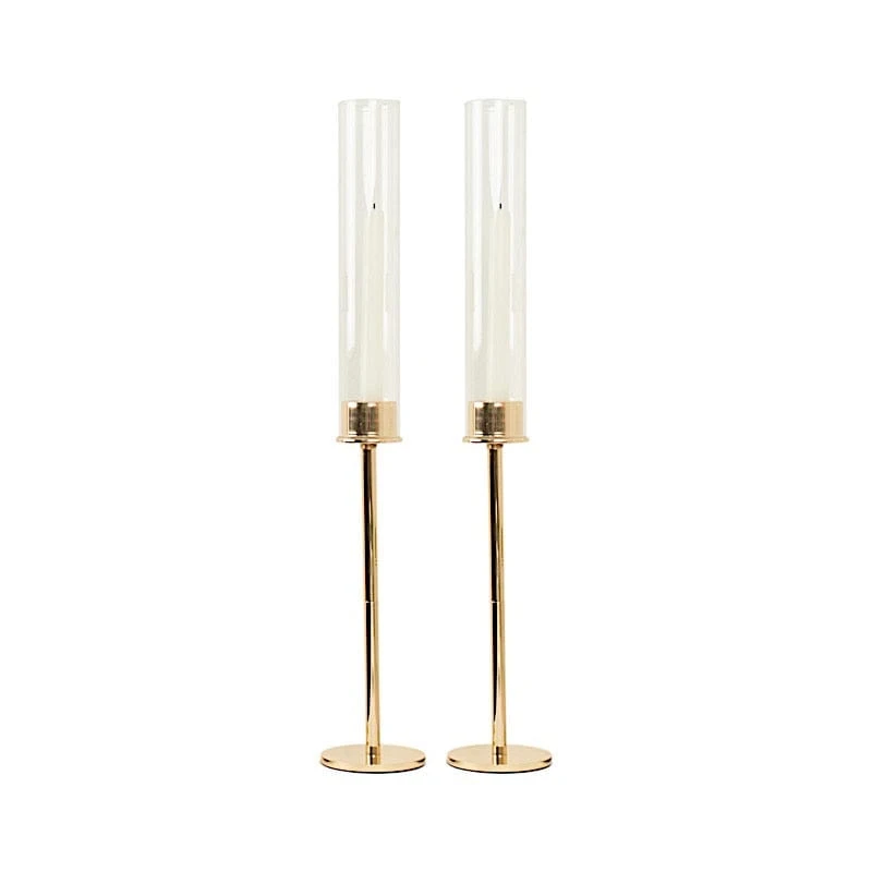 2 Metal Hurricane Taper Candle Holders With Clear Cylinder Glass Shades 13 2 Metal Hurricane Taper Candle Holders With Clear Cylinder Glass Shades - Image 11