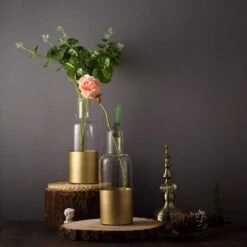 2 Pcs 10" Tall Glass Bottles Vases - Clear With Gold Spray 17 2 Pcs 10" Tall Glass Bottles Vases - Clear With Gold Spray -Optimal Home Decoration 2 pcs 10 tall glass bottles vases clear with gold spray vase a39 10 gold 13767852884031