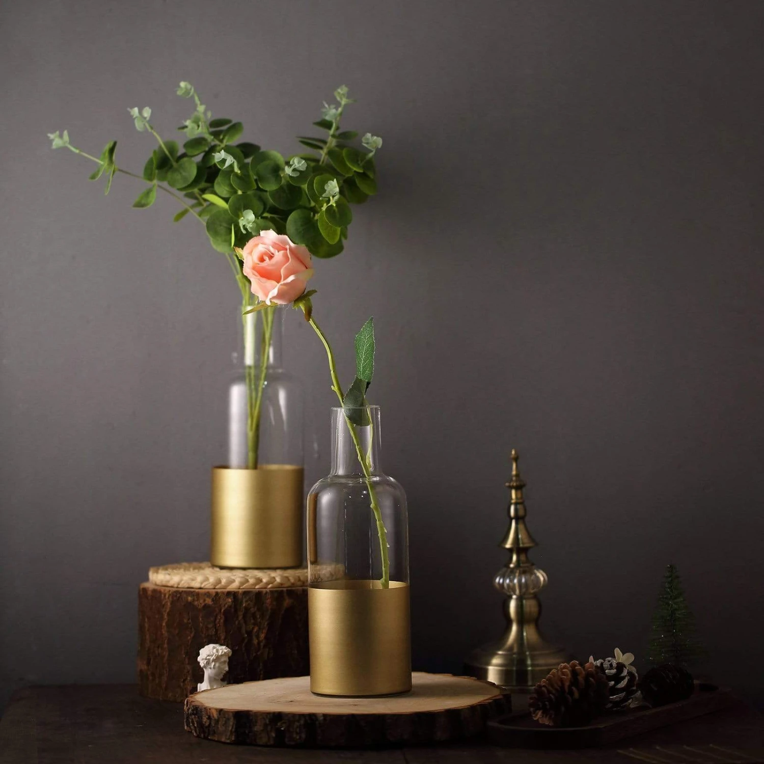 2 Pcs 10" Tall Glass Bottles Vases - Clear With Gold Spray 8 2 Pcs 10" Tall Glass Bottles Vases - Clear With Gold Spray - Image 6