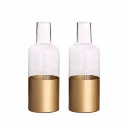 2 Pcs 10" Tall Glass Bottles Vases - Clear With Gold Spray