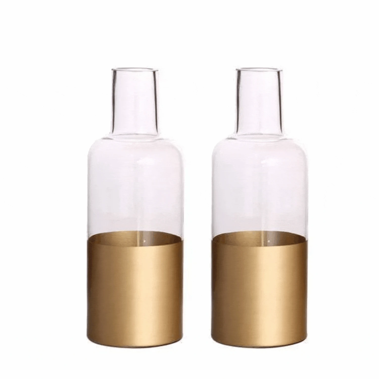 2 Pcs 10" Tall Glass Bottles Vases - Clear With Gold Spray 3 2 Pcs 10" Tall Glass Bottles Vases - Clear With Gold Spray