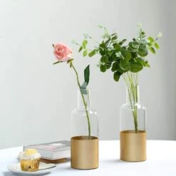 2 Pcs 10" Tall Glass Bottles Vases - Clear With Gold Spray 19 2 Pcs 10" Tall Glass Bottles Vases - Clear With Gold Spray -Optimal Home Decoration 2 pcs 10 tall glass bottles vases clear with gold spray vase a39 10 gold 28531368493119