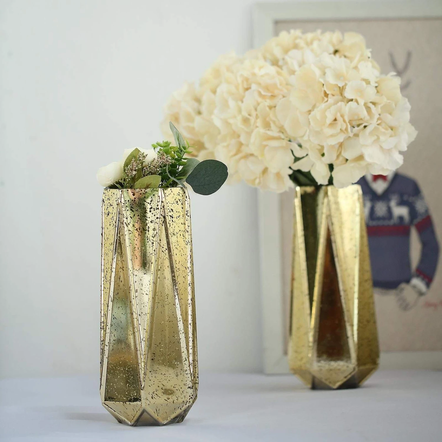 2 Pcs 11" Tall Mercury Glass Geometric Vases - Gold 6 2 Pcs 11" Tall Mercury Glass Geometric Vases - Gold - Image 4