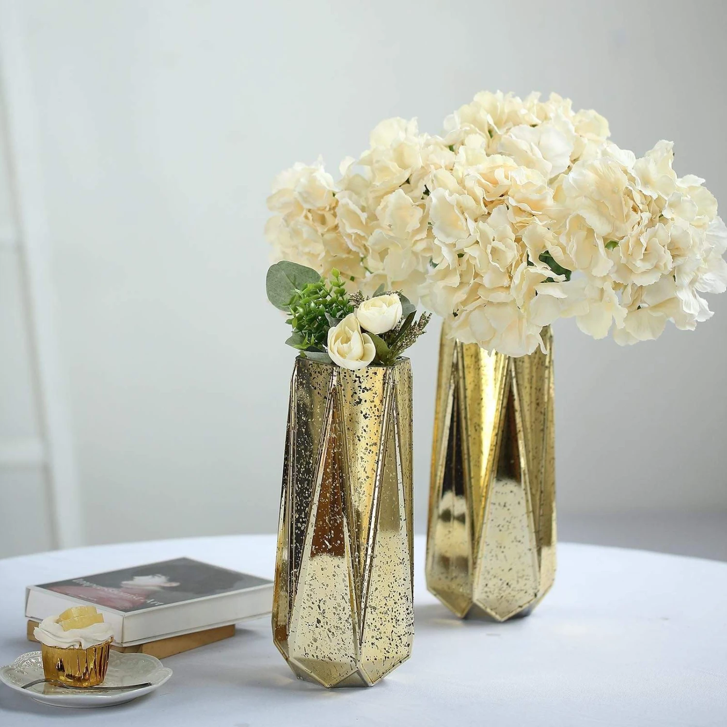 2 Pcs 11" Tall Mercury Glass Geometric Vases - Gold 8 2 Pcs 11" Tall Mercury Glass Geometric Vases - Gold - Image 6