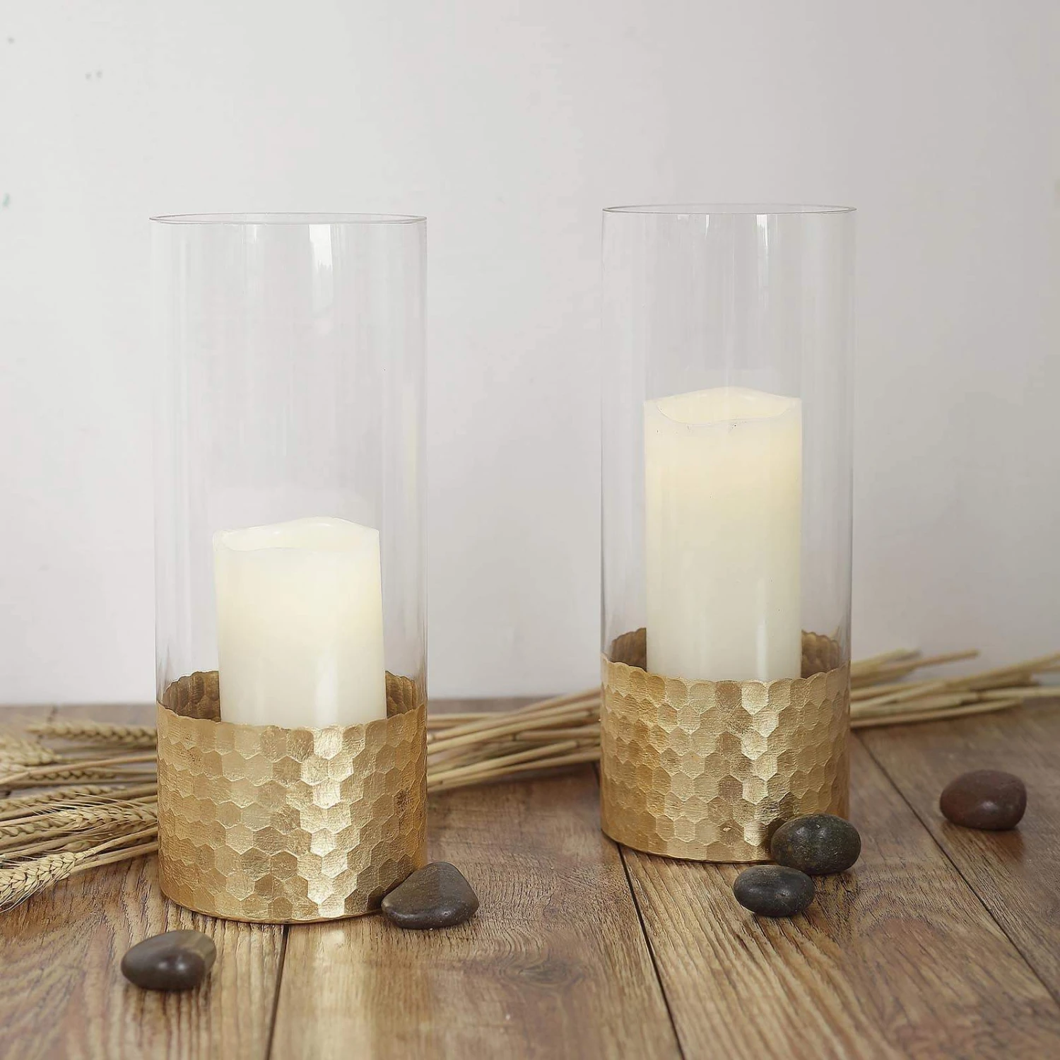 2 Pcs 12" Tall Glass Cylinder Honeycomb Rim Vases - Clear With Gold 4 2 Pcs 12" Tall Glass Cylinder Honeycomb Rim Vases - Clear With Gold - Image 2
