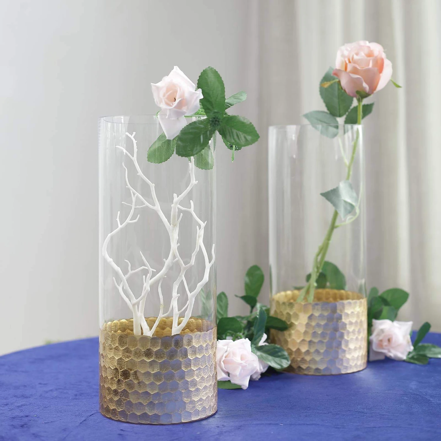 2 Pcs 12" Tall Glass Cylinder Honeycomb Rim Vases - Clear With Gold 7 2 Pcs 12" Tall Glass Cylinder Honeycomb Rim Vases - Clear With Gold - Image 5
