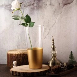 2 Pcs 12" Tall Glass Cylinder Vases - Clear With Gold Spray -Optimal Home Decoration 2 pcs 12 tall glass cylinder vases clear with gold spray vase a40 12 gold 13767833518143