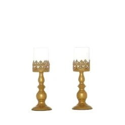 2 Pcs 12" Tall Lacy Trim Metal With Glass Candle Holders Centerpieces - Gold