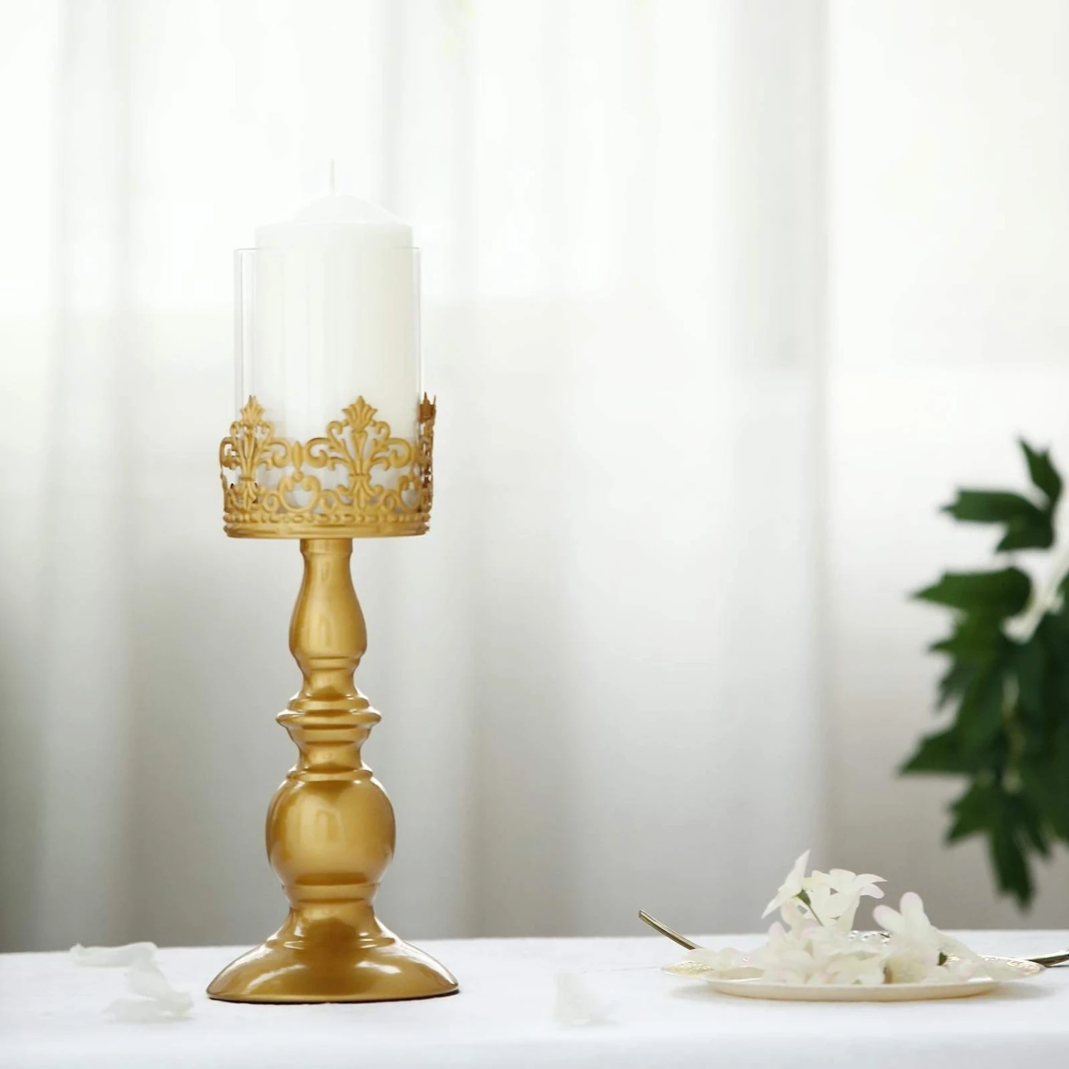 2 Pcs 12" Tall Lacy Trim Metal With Glass Candle Holders Centerpieces - Gold 8 2 Pcs 12" Tall Lacy Trim Metal With Glass Candle Holders Centerpieces - Gold - Image 6