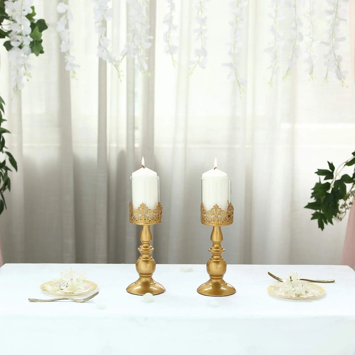 2 Pcs 12" Tall Lacy Trim Metal With Glass Candle Holders Centerpieces - Gold 7 2 Pcs 12" Tall Lacy Trim Metal With Glass Candle Holders Centerpieces - Gold - Image 5