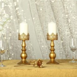 2 Pcs 12" Tall Lacy Trim Metal With Glass Candle Holders Centerpieces - Gold 15 2 Pcs 12" Tall Lacy Trim Metal With Glass Candle Holders Centerpieces - Gold -Optimal Home Decoration 2 pcs 12 tall lacy trim metal with glass candle holders centerpieces gold chdlr cand 028 12 gold 28587860000831