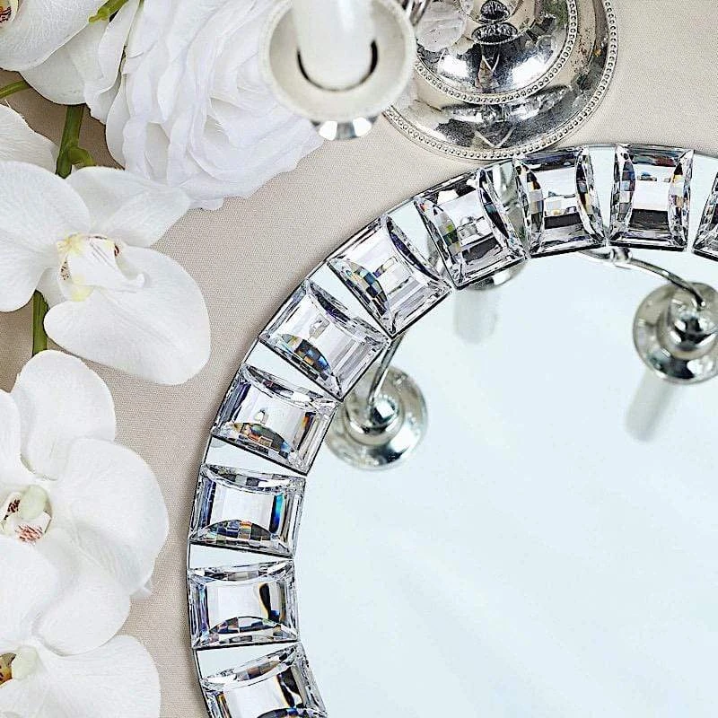 2 Pcs 13" Round Mirror Glass Charger Plates With Crystal Rim - Silver 5 2 Pcs 13" Round Mirror Glass Charger Plates With Crystal Rim - Silver - Image 3