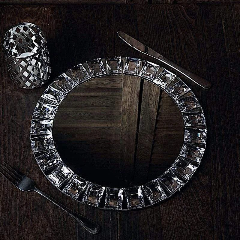 2 Pcs 13" Round Mirror Glass Charger Plates With Crystal Rim - Silver 7 2 Pcs 13" Round Mirror Glass Charger Plates With Crystal Rim - Silver - Image 5