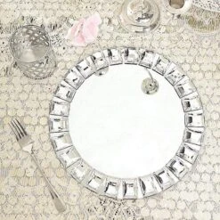 2 Pcs 13" Round Mirror Glass Charger Plates With Crystal Rim - Silver 14 2 Pcs 13" Round Mirror Glass Charger Plates With Crystal Rim - Silver -Optimal Home Decoration 2 pcs 13 round mirror glass charger plates with crystal rim silver chrg glas0001 silv 28585897328703