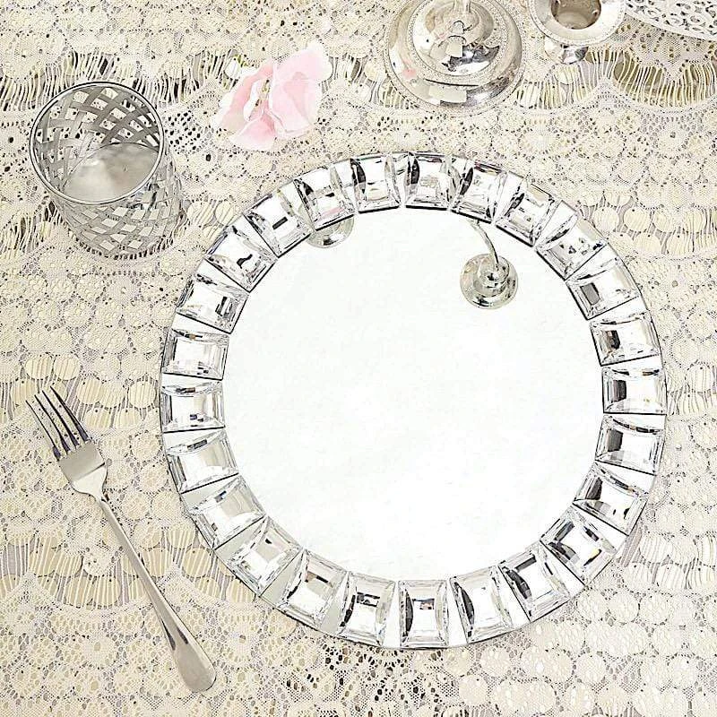 2 Pcs 13" Round Mirror Glass Charger Plates With Crystal Rim - Silver 8 2 Pcs 13" Round Mirror Glass Charger Plates With Crystal Rim - Silver - Image 6