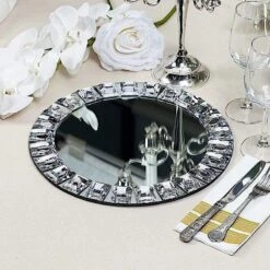 2 Pcs 13" Round Mirror Glass Charger Plates With Crystal Rim - Silver 15 2 Pcs 13" Round Mirror Glass Charger Plates With Crystal Rim - Silver -Optimal Home Decoration 2 pcs 13 round mirror glass charger plates with crystal rim silver chrg glas0001 silv 28585935470655