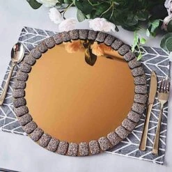 2 Pcs 13" Round Mirror Glass Charger Plates With Glitter Crystals Rim -Optimal Home Decoration 2 pcs 13 round mirror glass charger plates with glitter crystals rim 28993022525503