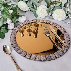 2 Pcs 13" Round Mirror Glass Charger Plates With Glitter Crystals Rim -Optimal Home Decoration 2 pcs 13 round mirror glass charger plates with glitter crystals rim 28993022623807