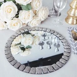 2 Pcs 13" Round Mirror Glass Charger Plates With Glitter Crystals Rim -Optimal Home Decoration 2 pcs 13 round mirror glass charger plates with glitter crystals rim 28993022722111