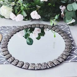 2 Pcs 13" Round Mirror Glass Charger Plates With Glitter Crystals Rim -Optimal Home Decoration 2 pcs 13 round mirror glass charger plates with glitter crystals rim 28993022754879