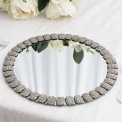 2 Pcs 13" Round Mirror Glass Charger Plates With Glitter Crystals Rim -Optimal Home Decoration 2 pcs 13 round mirror glass charger plates with glitter crystals rim 28993024032831