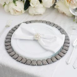2 Pcs 13" Round Mirror Glass Charger Plates With Glitter Crystals Rim -Optimal Home Decoration 2 pcs 13 round mirror glass charger plates with glitter crystals rim chrg glas0002 silv 28993024983103