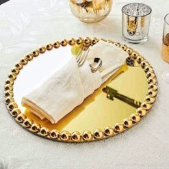 2 Pcs 13" Round Mirror Glass Charger Plates With Pearl Rim -Optimal Home Decoration 2 pcs 13 round mirror glass charger plates with pearl rim 28993028522047