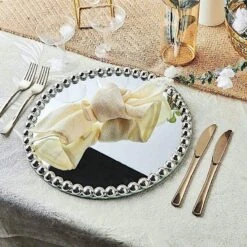 2 Pcs 13" Round Mirror Glass Charger Plates With Pearl Rim -Optimal Home Decoration 2 pcs 13 round mirror glass charger plates with pearl rim 28993028784191