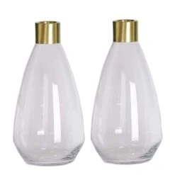 2 Pcs 14" Tall Glass Bottles Jar Vases - Clear With Gold