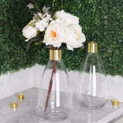 2 Pcs 14" Tall Glass Bottles Jar Vases - Clear With Gold -Optimal Home Decoration 2 pcs 14 tall glass bottles jar vases clear with gold vase a62 14 13970576179263