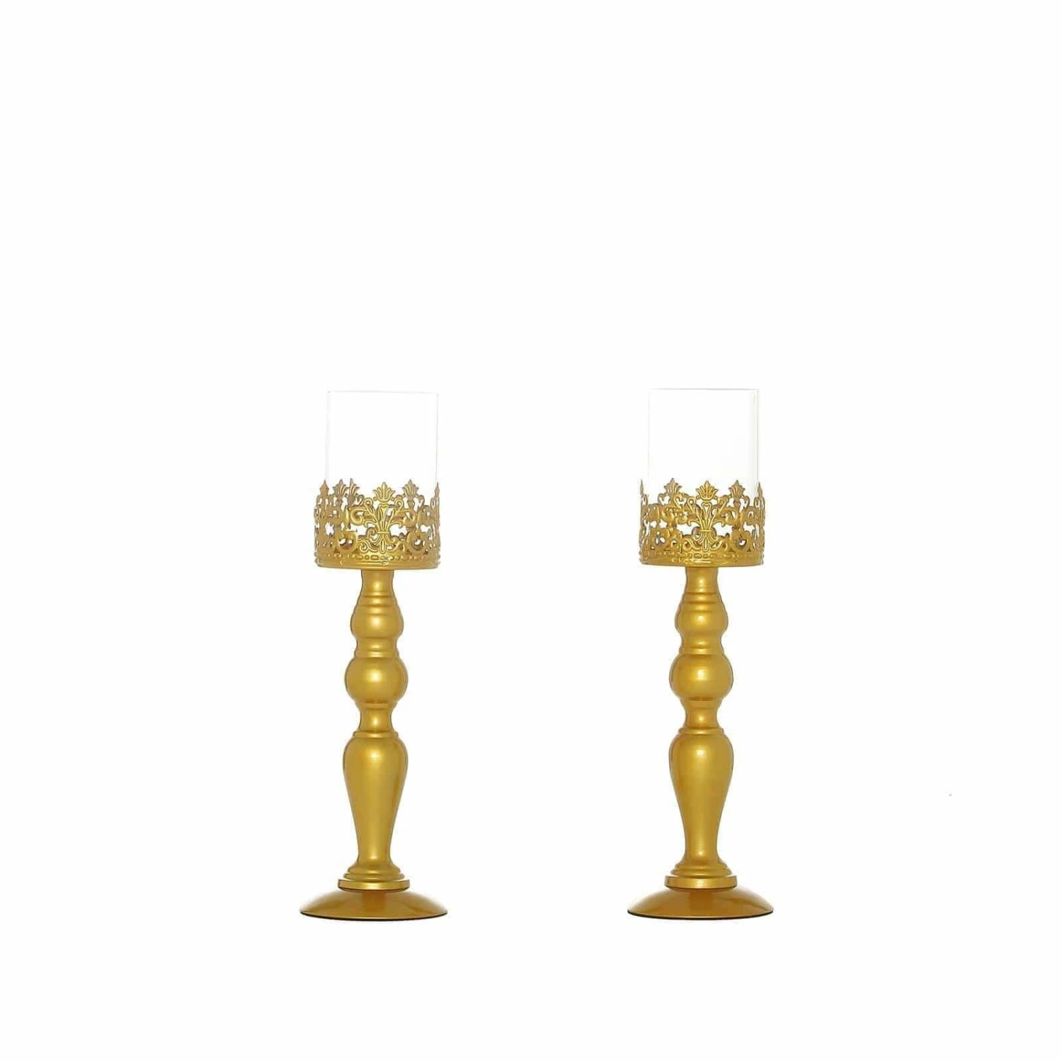 2 Pcs 14" Tall Lacy Trim Metal With Glass Candle Holders Centerpieces - Gold 3 2 Pcs 14" Tall Lacy Trim Metal With Glass Candle Holders Centerpieces - Gold