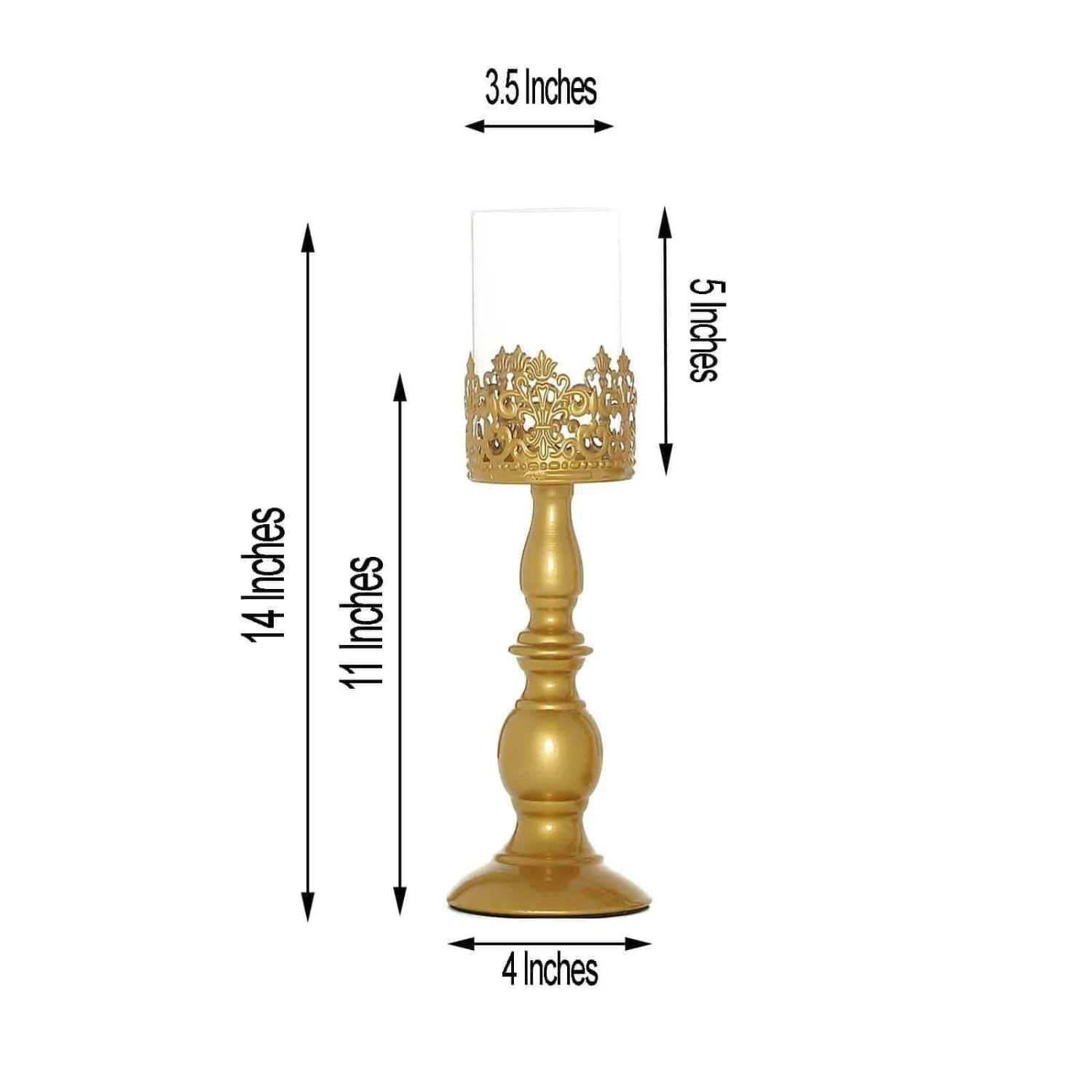 2 Pcs 14" Tall Lacy Trim Metal With Glass Candle Holders Centerpieces - Gold 4 2 Pcs 14" Tall Lacy Trim Metal With Glass Candle Holders Centerpieces - Gold - Image 2