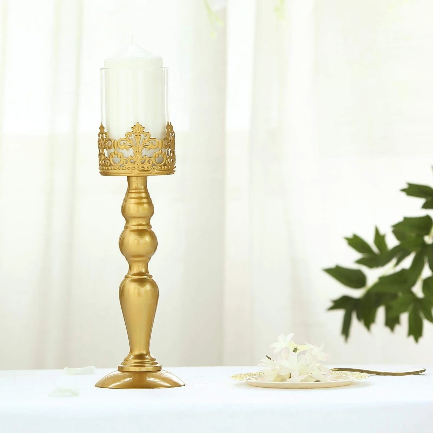 2 Pcs 14" Tall Lacy Trim Metal With Glass Candle Holders Centerpieces - Gold 5 2 Pcs 14" Tall Lacy Trim Metal With Glass Candle Holders Centerpieces - Gold - Image 3