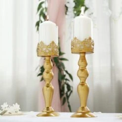 2 Pcs 14" Tall Lacy Trim Metal With Glass Candle Holders Centerpieces - Gold 13 2 Pcs 14" Tall Lacy Trim Metal With Glass Candle Holders Centerpieces - Gold -Optimal Home Decoration 2 pcs 14 tall lacy trim metal with glass candle holders centerpieces gold chdlr cand 028 14 gold 28587091689535