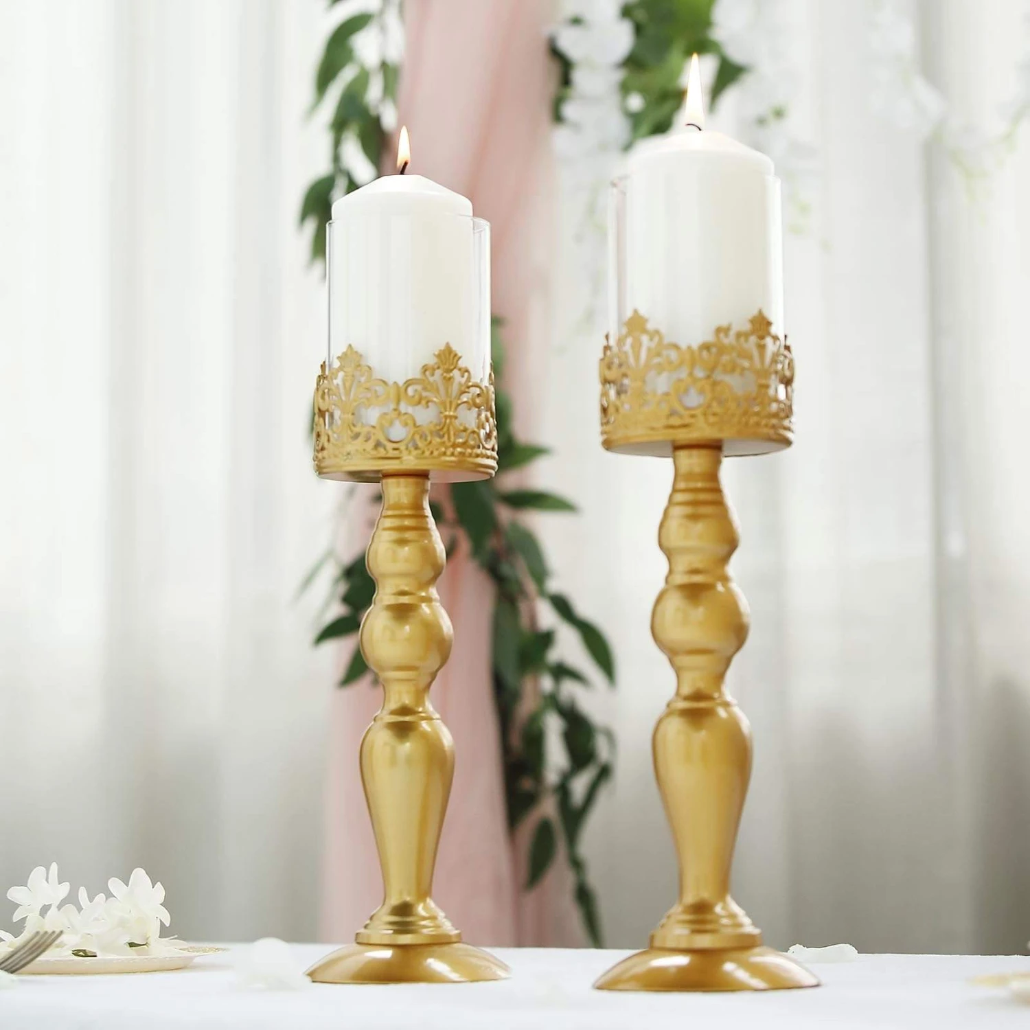 2 Pcs 14" Tall Lacy Trim Metal With Glass Candle Holders Centerpieces - Gold 7 2 Pcs 14" Tall Lacy Trim Metal With Glass Candle Holders Centerpieces - Gold - Image 5