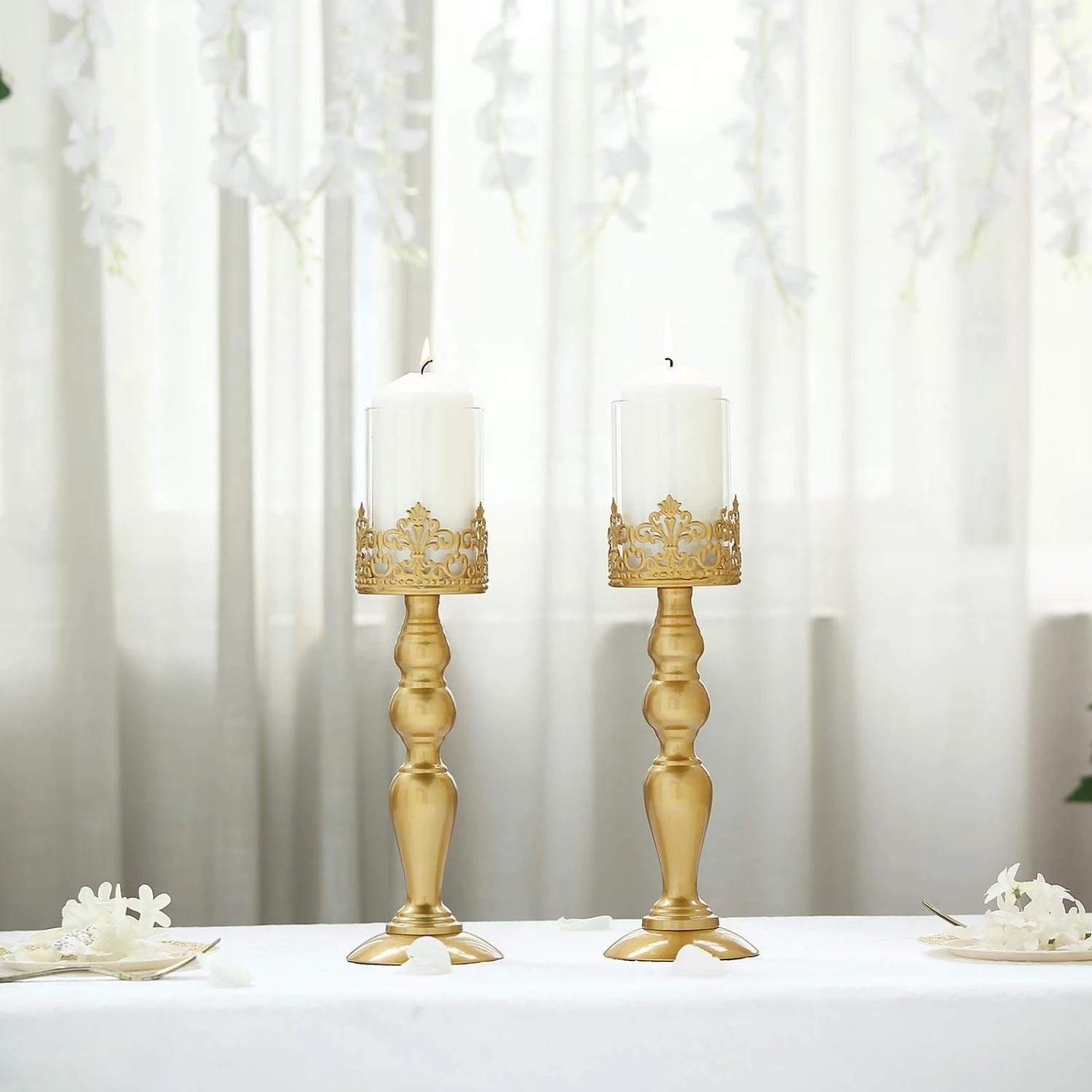 2 Pcs 14" Tall Lacy Trim Metal With Glass Candle Holders Centerpieces - Gold 8 2 Pcs 14" Tall Lacy Trim Metal With Glass Candle Holders Centerpieces - Gold - Image 6