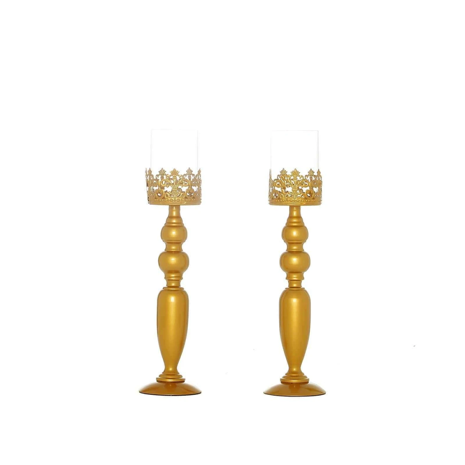 2 Pcs 17" Tall Lacy Trim Metal With Glass Candle Holders Centerpieces - Gold 3 2 Pcs 17" Tall Lacy Trim Metal With Glass Candle Holders Centerpieces - Gold