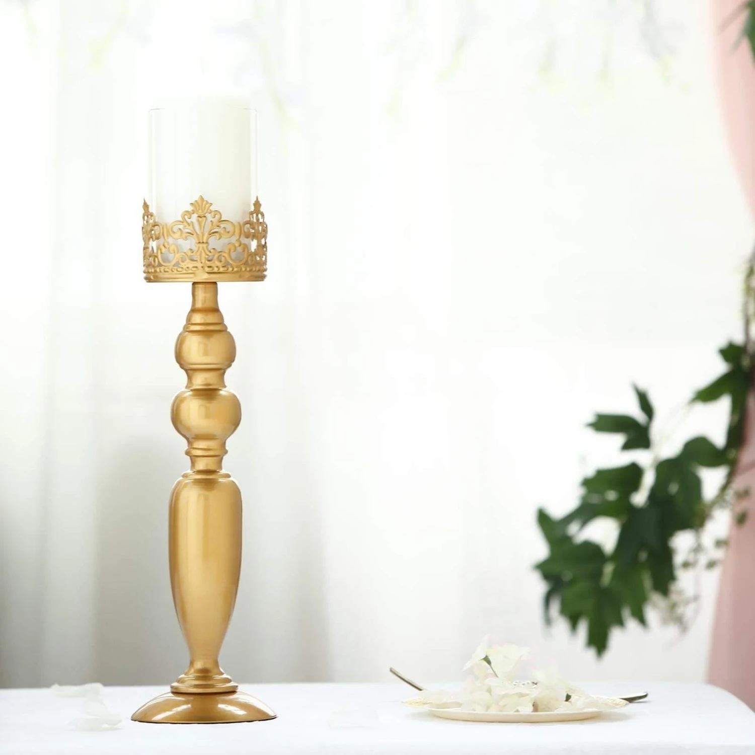 2 Pcs 17" Tall Lacy Trim Metal With Glass Candle Holders Centerpieces - Gold 5 2 Pcs 17" Tall Lacy Trim Metal With Glass Candle Holders Centerpieces - Gold - Image 3